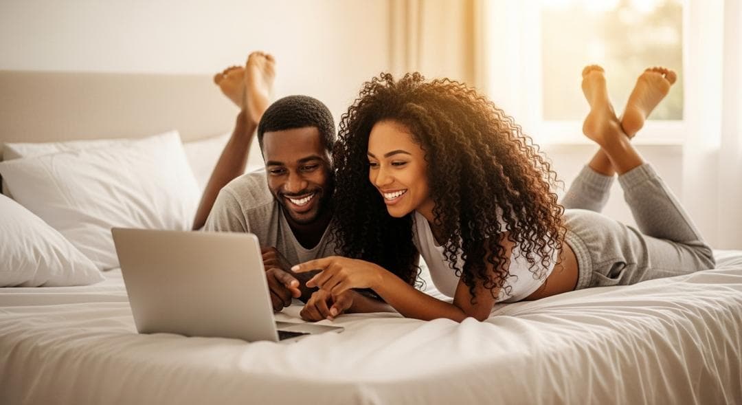 Happy couple laughing together while browsing a laptop in bed - genuine connection in sugar dating relationships