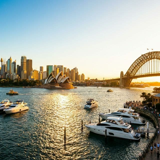 Sydney skyline at golden hour featuring the Opera House and Harbour Bridge - sugar dating in Australia