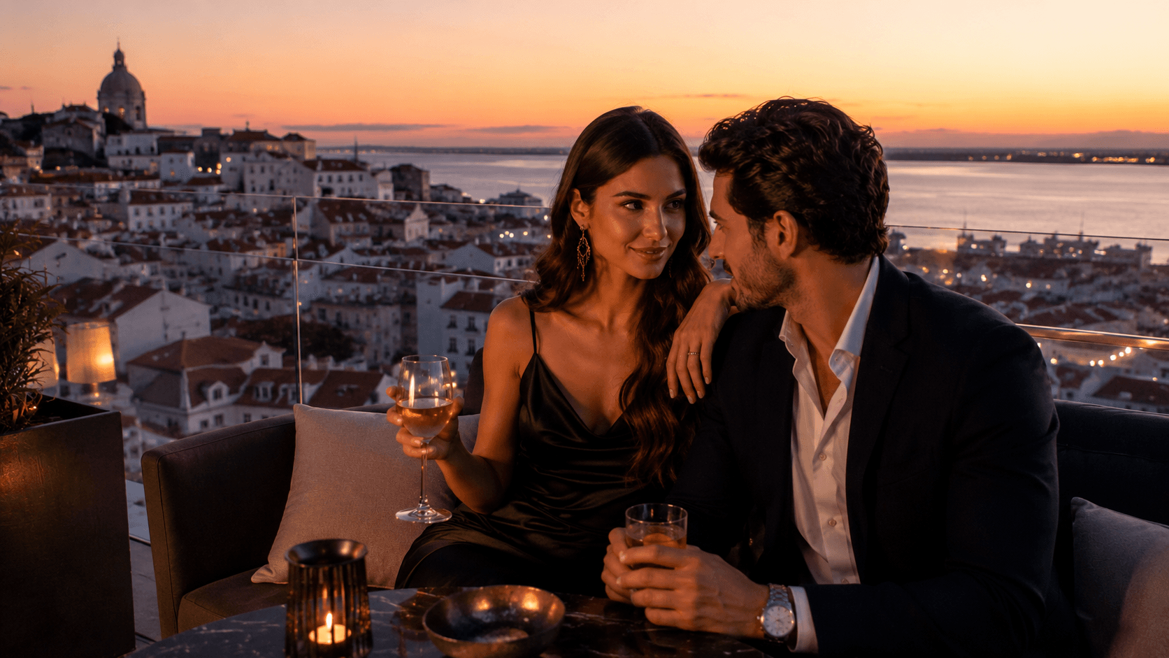 Sugar dating in Portugal , luxury rooftop social scene in Lisbon at sunset