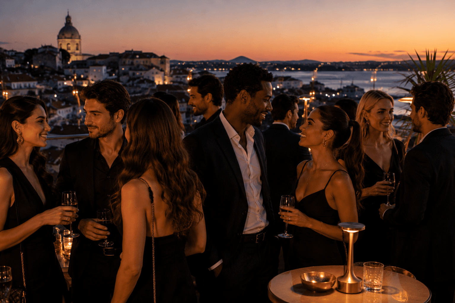 Couple enjoying a rooftop evening in Lisbon , intentional sugar dating in Portugal